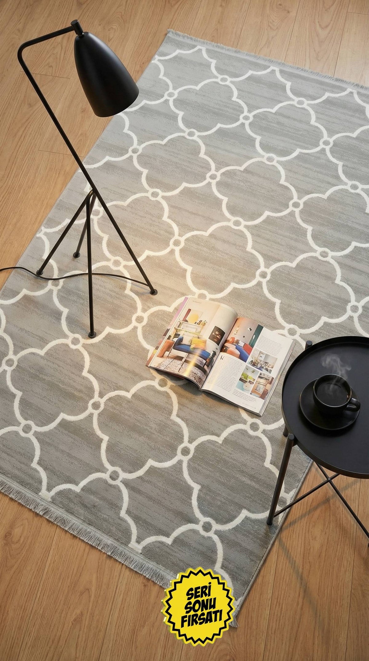 Zev Vogui Serisi Gri Fas Trellis Desenli Triko Akrilik Halı %60 Fırsat Outlet st030  160x230