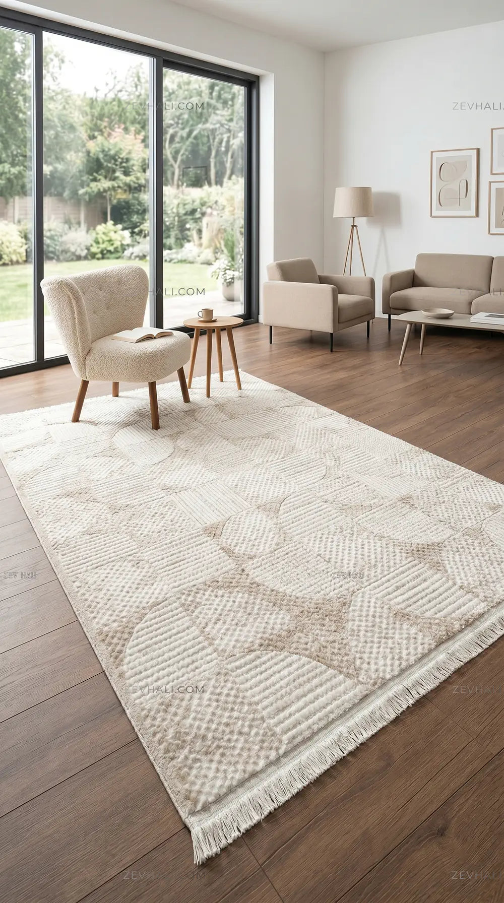 ZEV HALI NATURAL NT09 Bej Modern Geometrik 400 cm Kesim Akrilik Kalın Halı | Akrilik Halı | Zev Halı