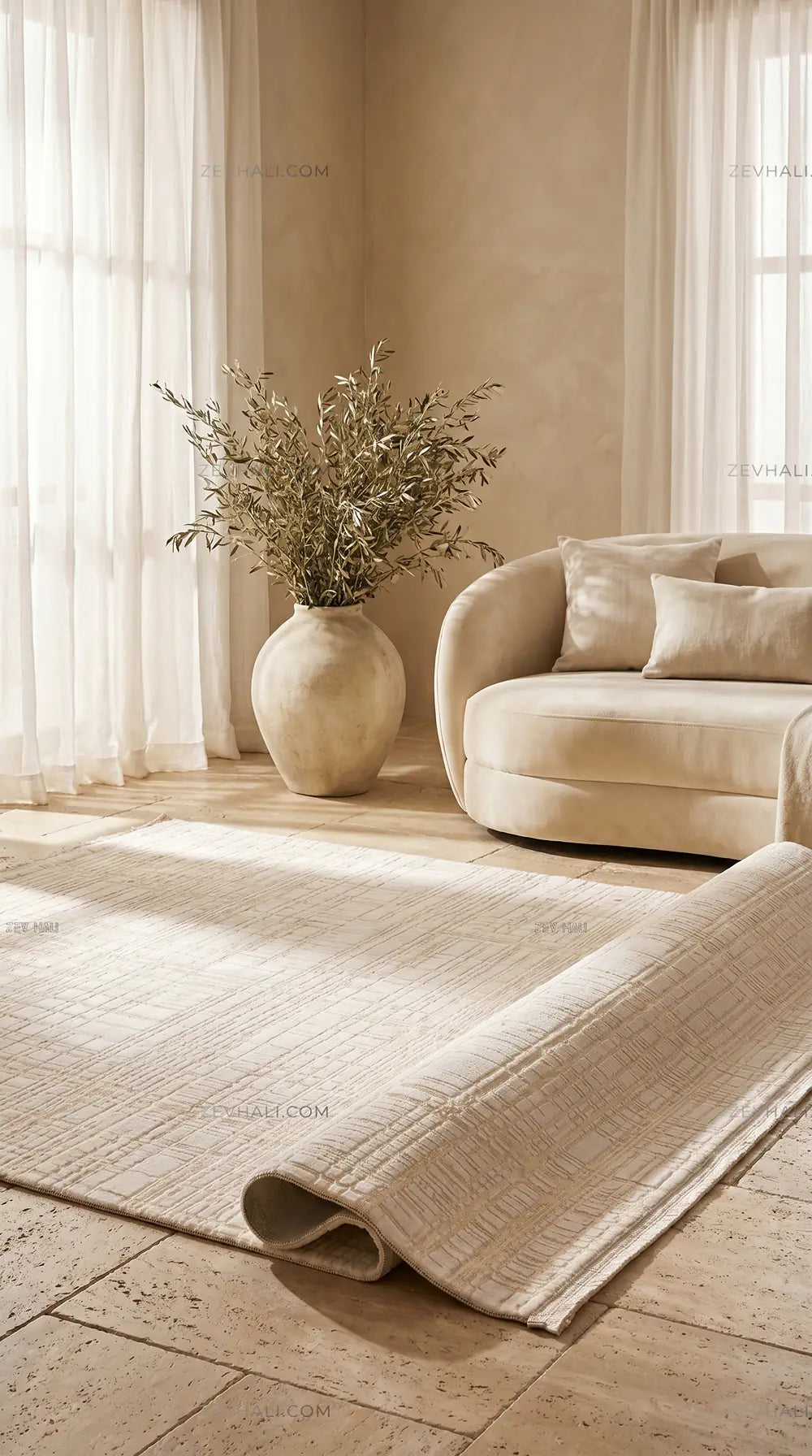 ZEV HALI NATURAL NT17 Krem Modern Dokulu Pamuk Taban Triko Akrilik Halı