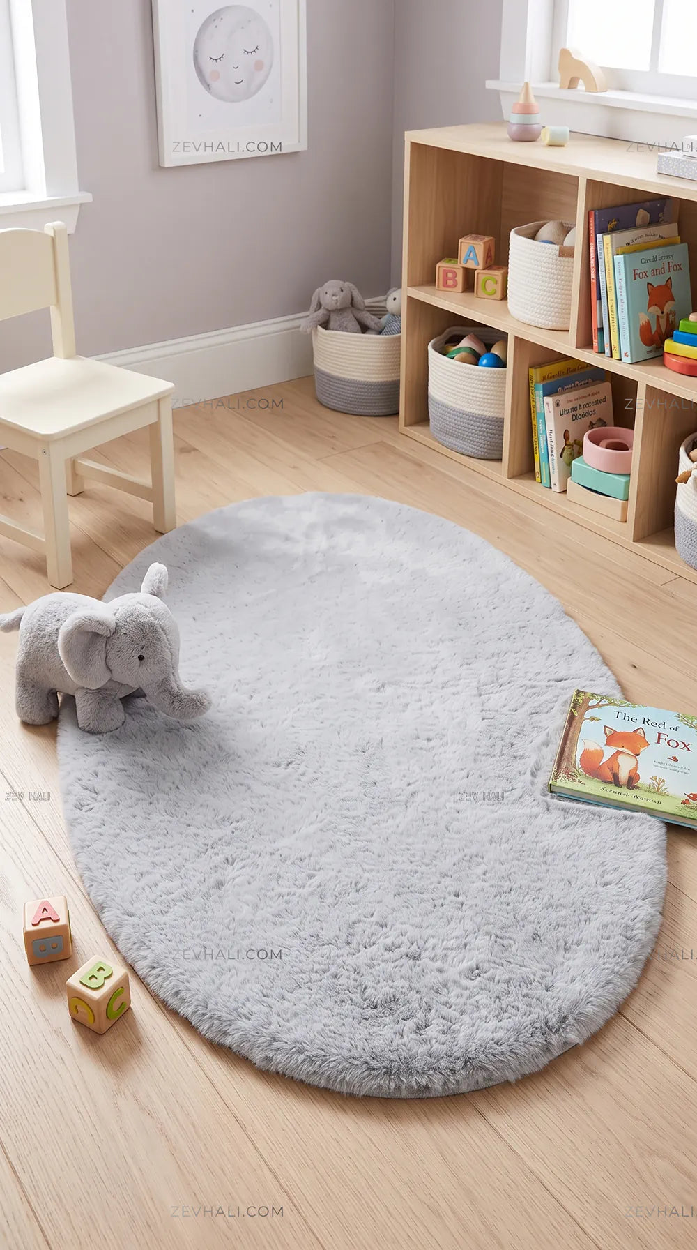 Zev Halı Alade Gri Suni Tavşan Tüyü Kaymaz Taban Yıkanabilir Peluş Oval Halı AL14
