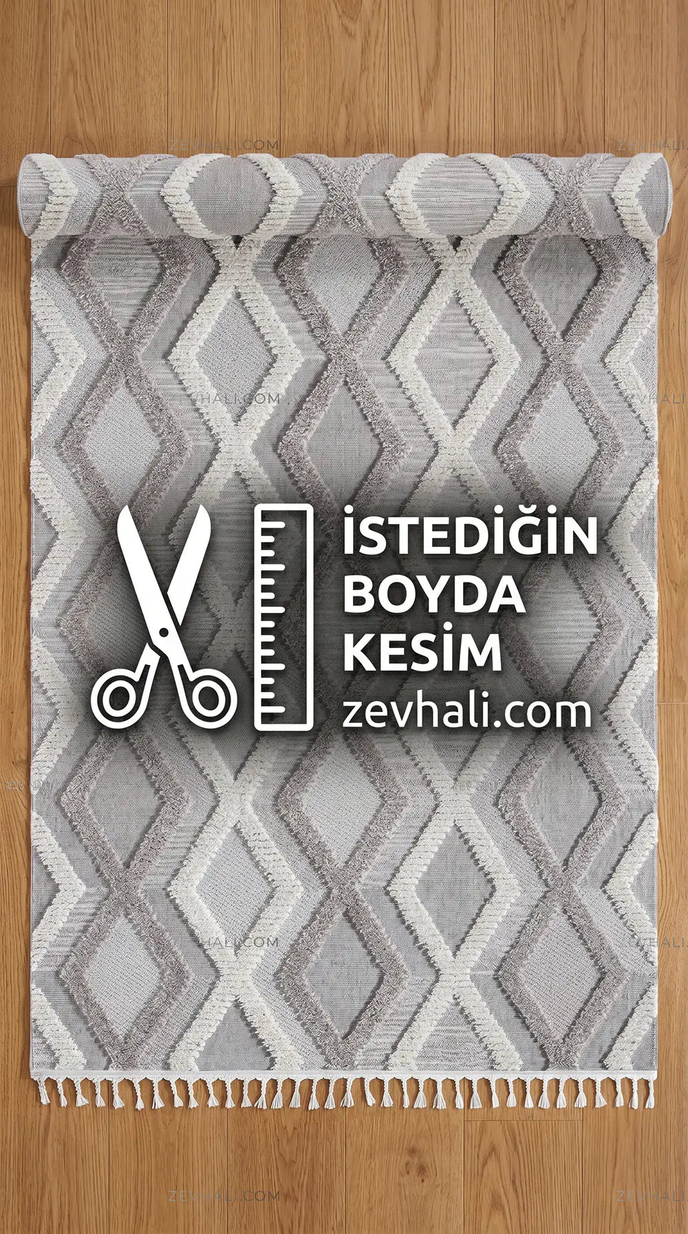Zev Halı Colorium Gri Geometrik Monokrom Özel Ölçü Bukle Saçaklı Halı CL05 | Bukle Halı | Zev Halı