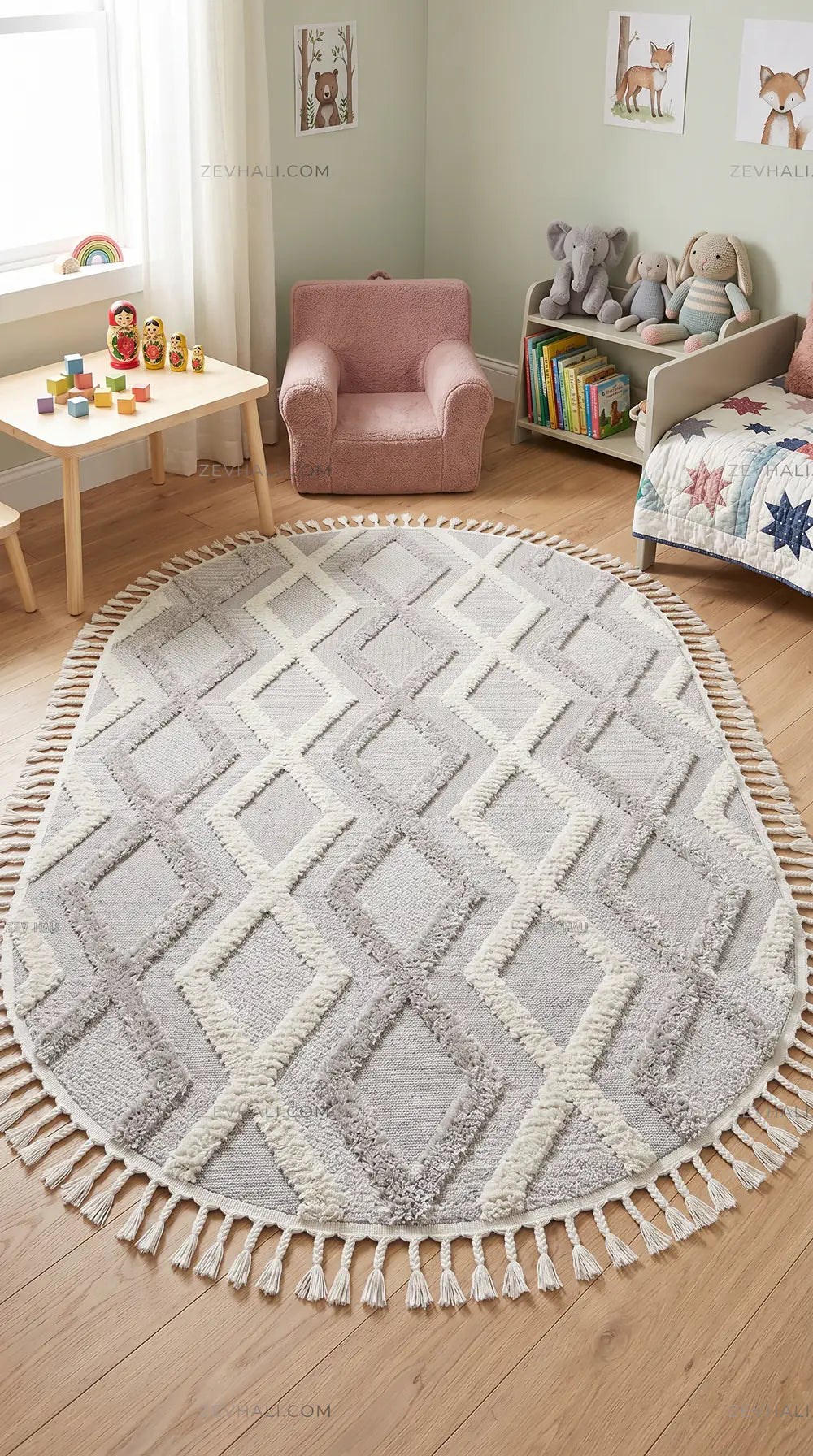 Zev Halı Colorium İskandinav Gri Geometrik Oval Özel Ölçü Kalın Halı CL20