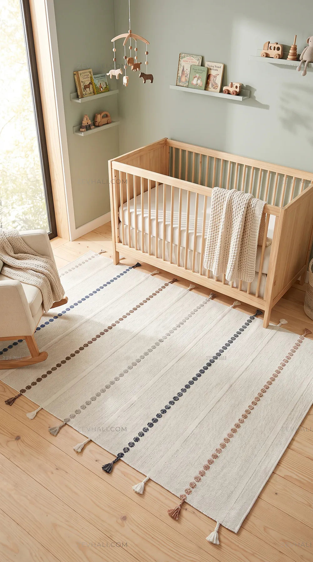 Zev Halı Vincents Colors Beyaz Renkli Noktalı Çizgili Püsküllü İnce Dokuma Kilim VC01 160x200