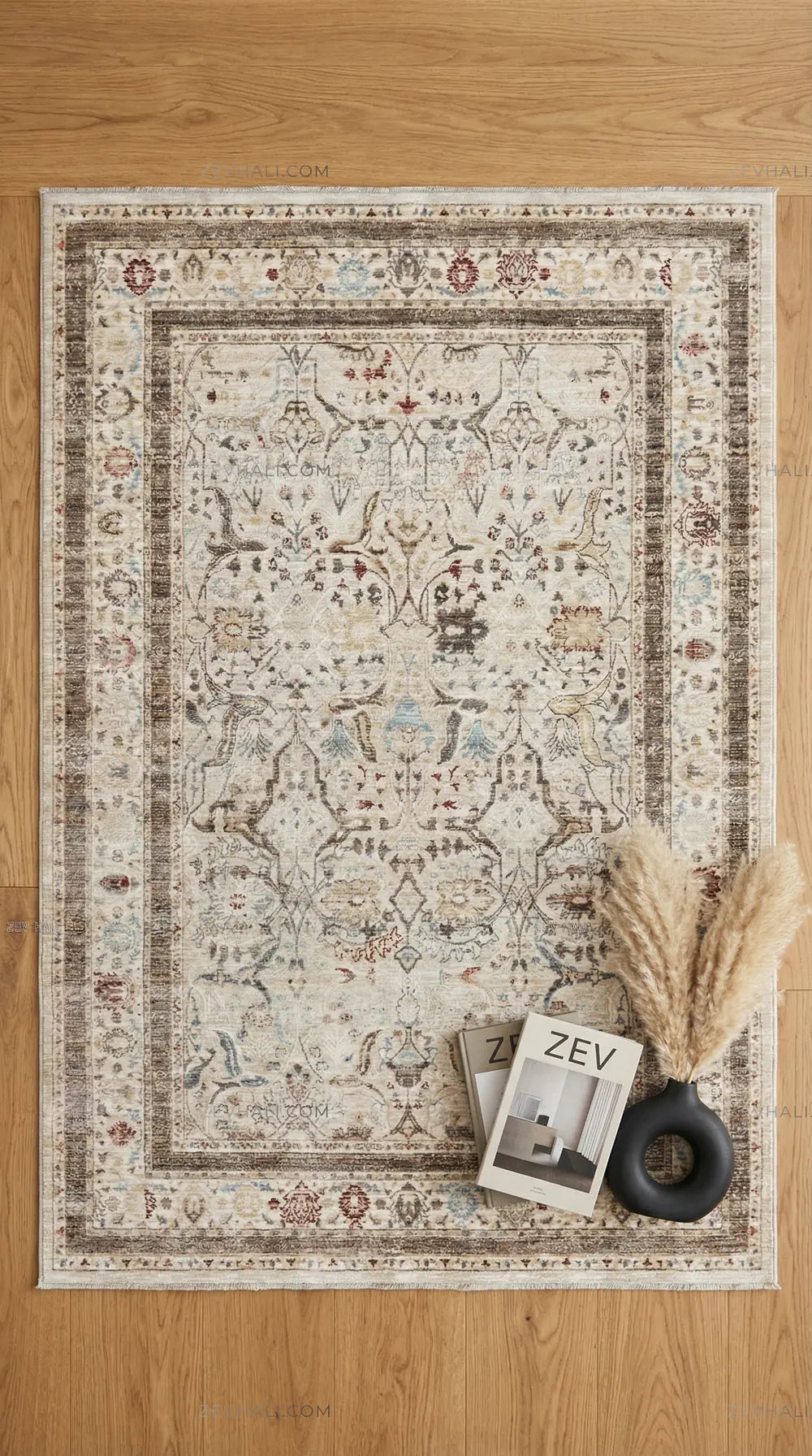 Zev Halı Nostalji Bej Çerçevelii Vintage Etnik Salon Halısı No:7 | Vintage Halılar | Zev Halı
