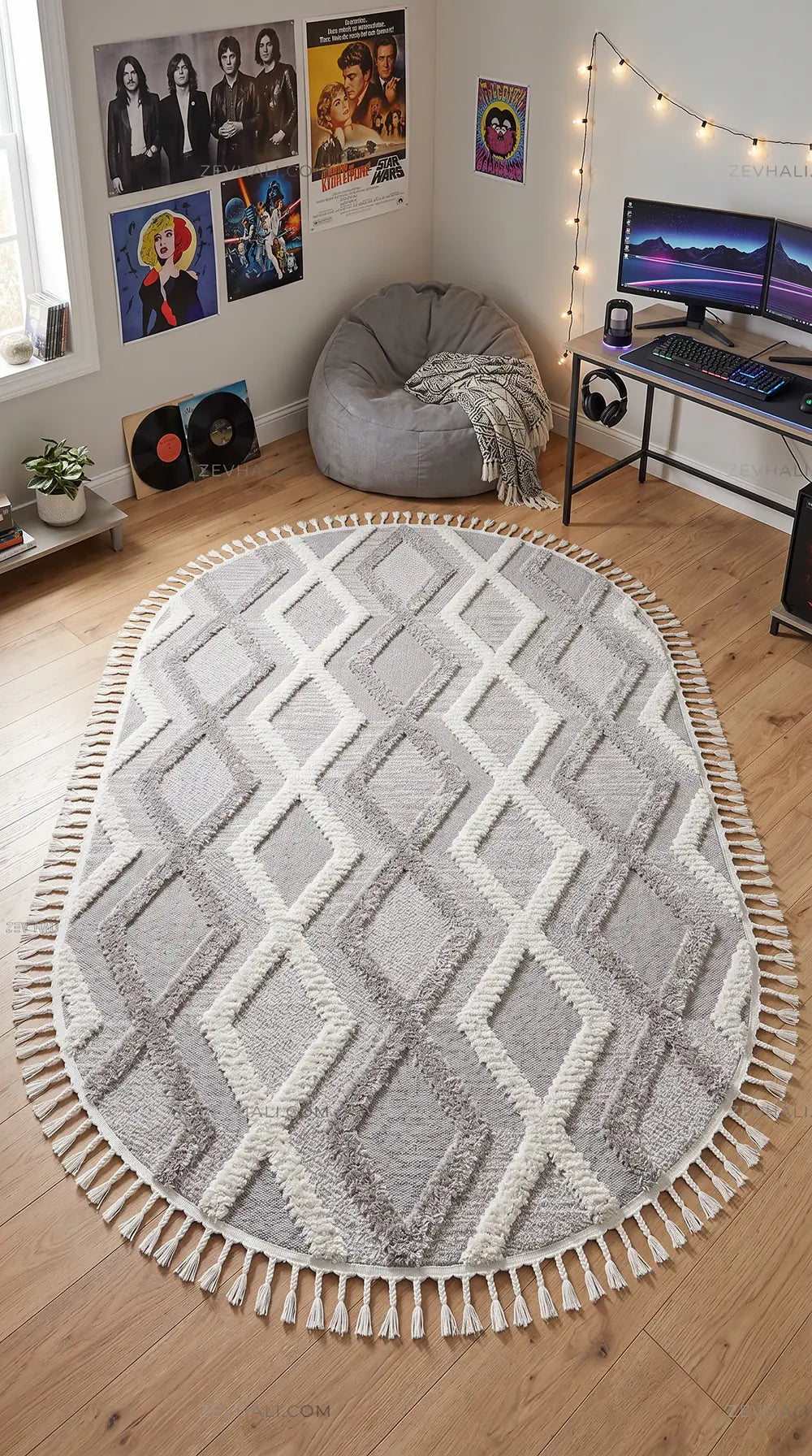 Zev Halı Colorium İskandinav Gri Geometrik Oval Özel Ölçü Kalın Halı CL20