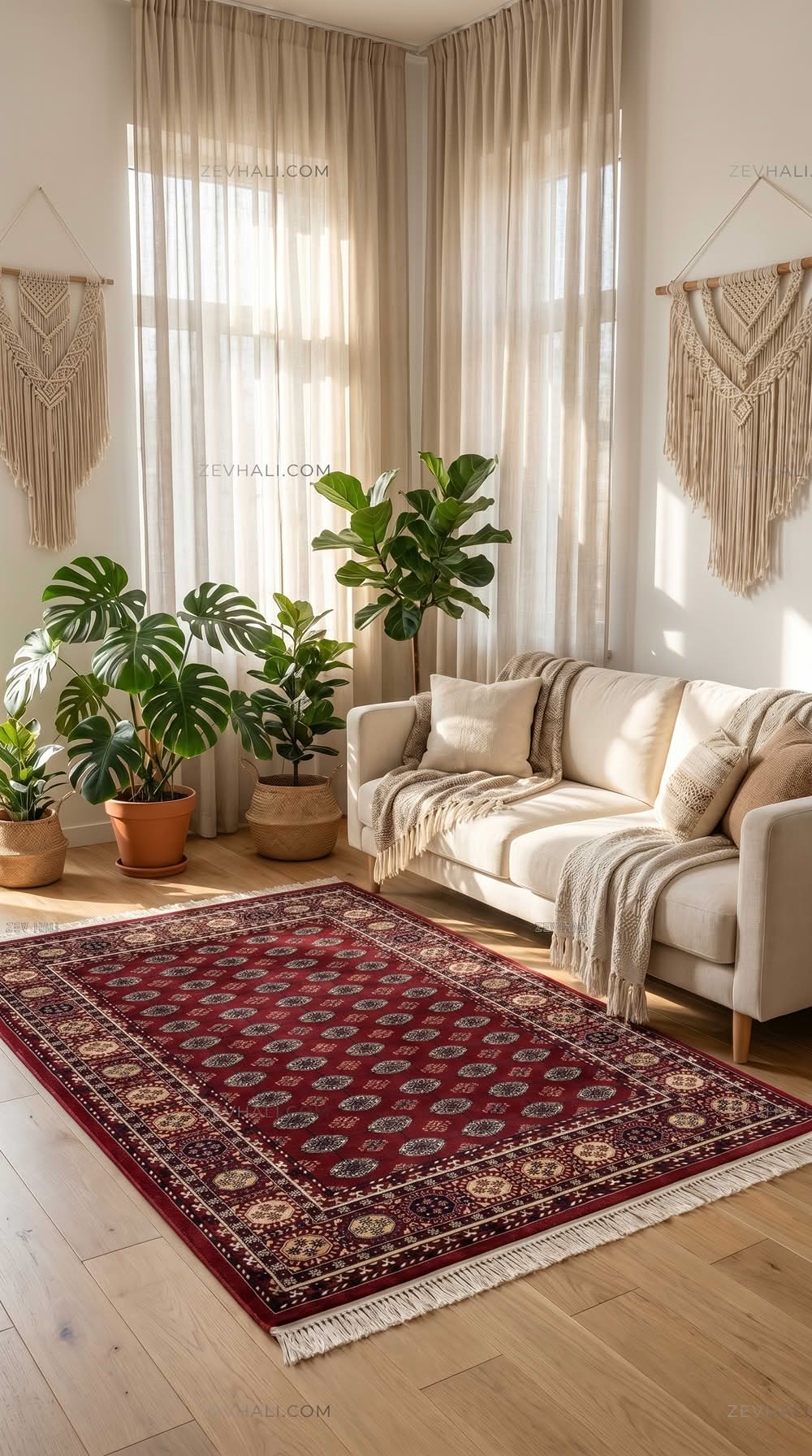 Zev Halı AST05 Etnik Bordo Afgan Desenli Toz Tutmaz Çerçeveli Salon Halısı | Klasik Halı | Zev Halı