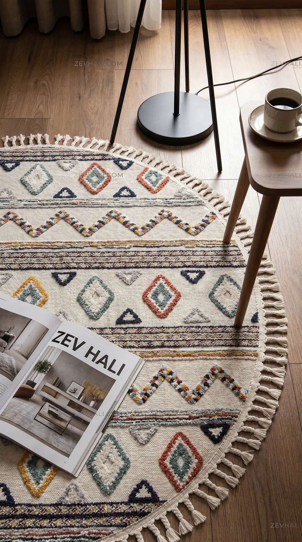 Zev Halı Colorium İskandinav Çok Renkli Etnik Yuvarlak Özel Ölçü Saçaklı Halı CL09 | Bukle Halı | Zev Halı