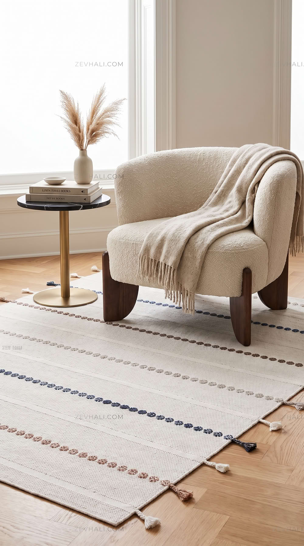 Zev Halı Vincents Colors Beyaz Renkli Noktalı Çizgili Püsküllü İnce Dokuma Kilim VC01 160x200
