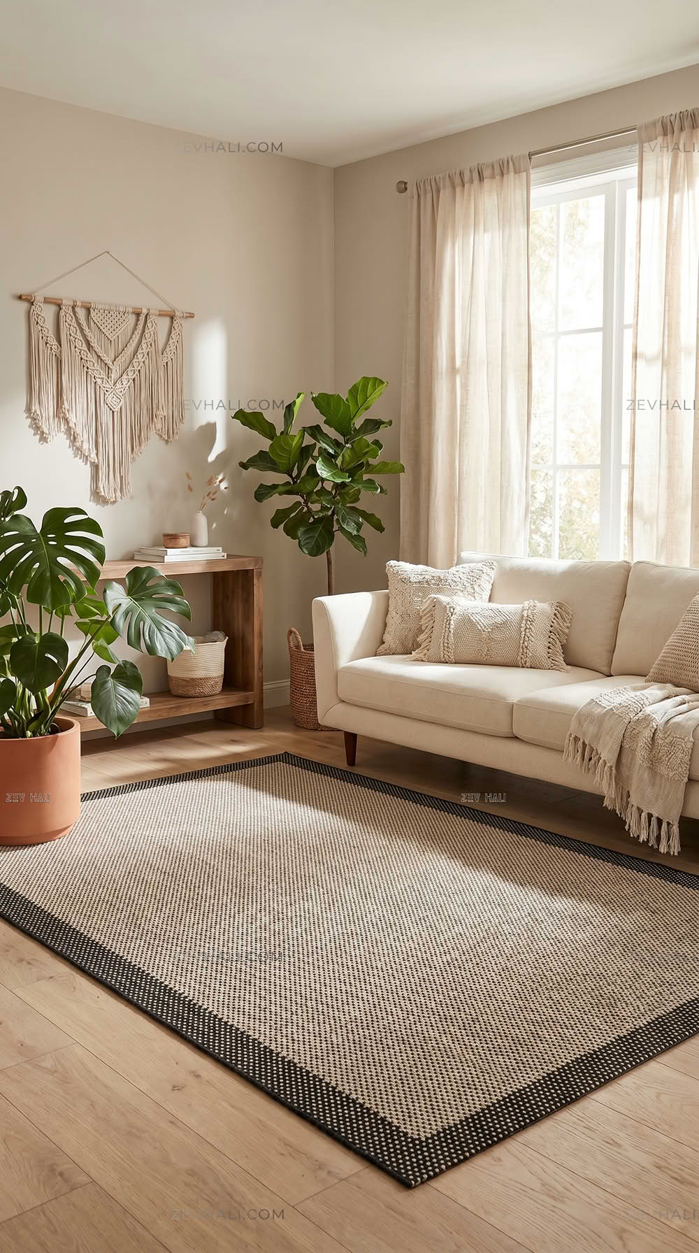 Zev Halı Sisal Plus Bej Siyah Çerçeveli Makinede Yıkanabilir Salon Mutfak Koridor Halısı ZS11 | Sisal Halı | Zev Halı