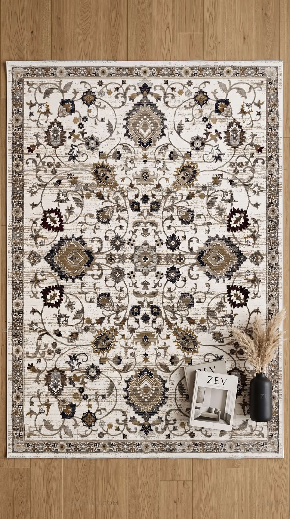 Zev Halı Vintage Krem Vizon Bordo Floral Desenli Parlak Tuşeli İnce Halı VT09