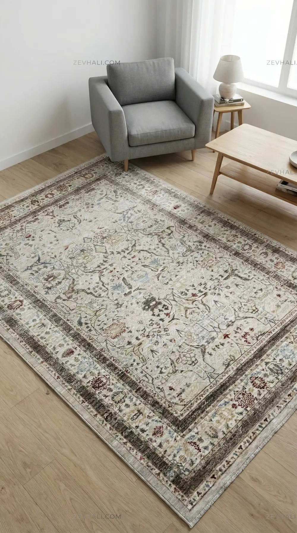 Zev Halı Nostalji Bej Çerçevelii Vintage Etnik Salon Halısı No:7 | Vintage Halılar | Zev Halı