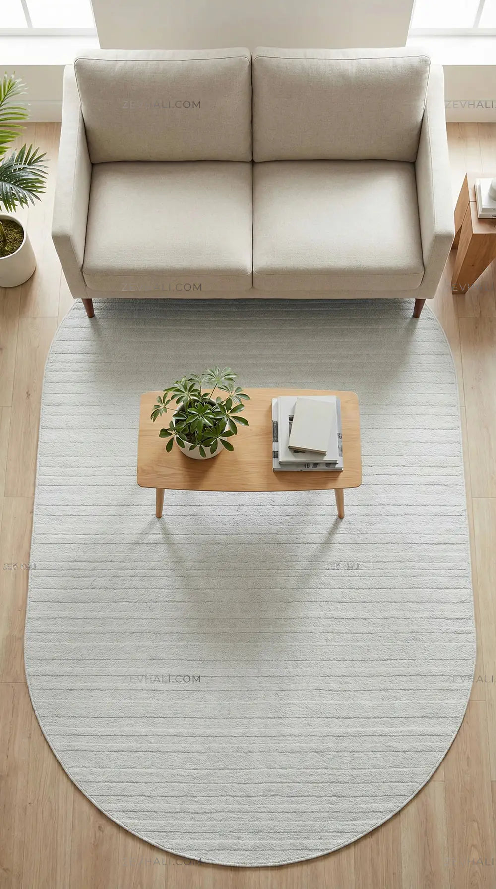 Zev Halı Babil Beyaz Tek Renk Çizgili Ekstra Yumuşak Modern Oval Halı Özel Ölçü Ba19 | Microfiber Halı | Zev Halı