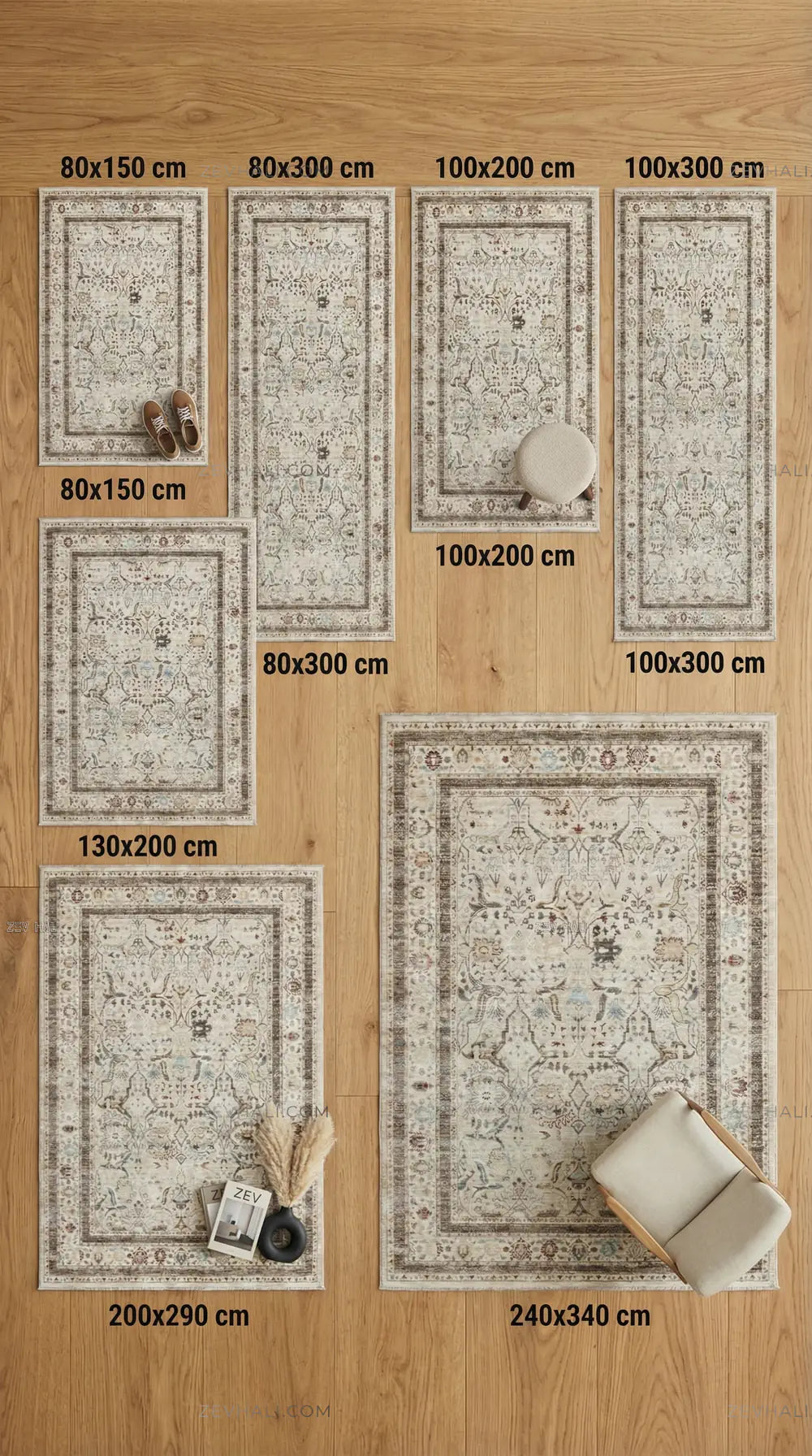 Zev Halı Nostalji Bej Çerçevelii Vintage Etnik Salon Halısı No:7 | Vintage Halılar | Zev Halı