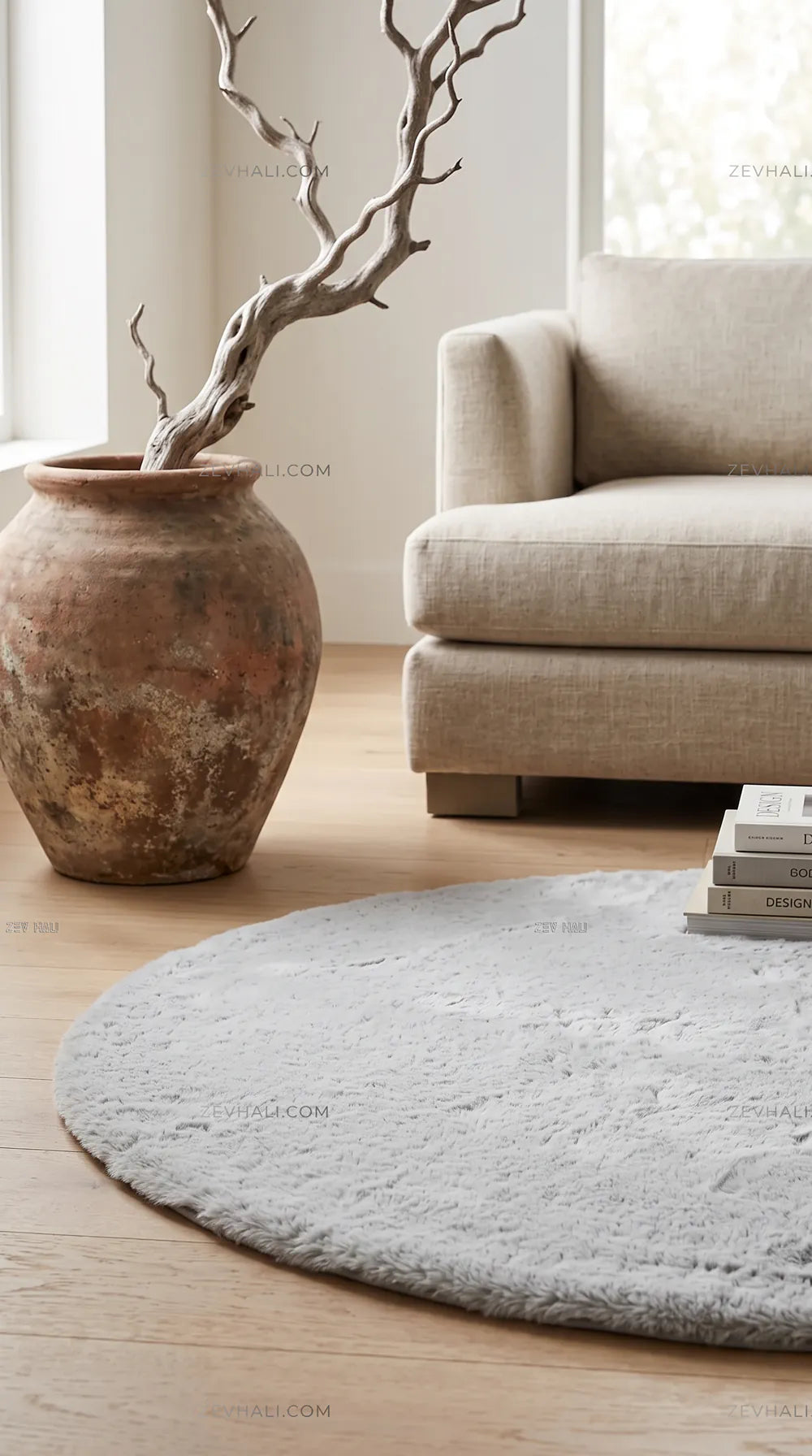 Zev Halı Alade Gri Suni Tavşan Tüyü Kaymaz Taban Yıkanabilir Peluş Oval Halı AL14
