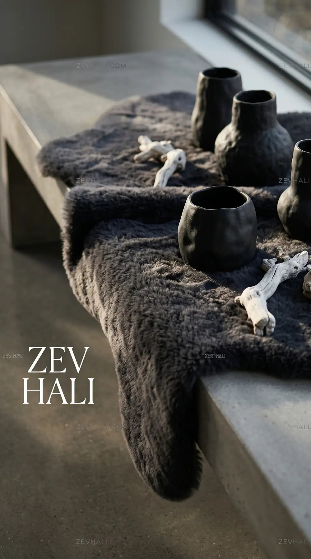 Zev Halı Alade Antrasit Suni Tavşan Tüyü Kaymaz Taban Yıkanabilir Peluş Post Halı AL05