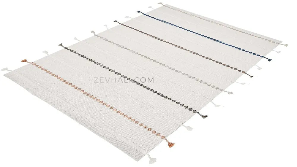 Zev Halı Vincents Colors Beyaz Renkli Noktalı Çizgili Püsküllü İnce Dokuma Kilim VC01 160x200