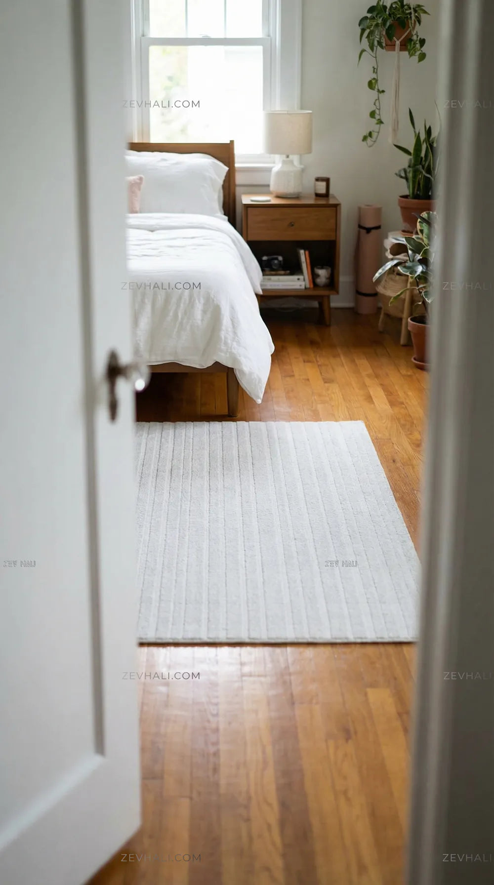 Zev Halı Beyaz Çizgili Modern Microfiber Halı | Yumuşak & Kaymaz Özel Ölçü Ba01 | Microfiber Halı | Zev Halı