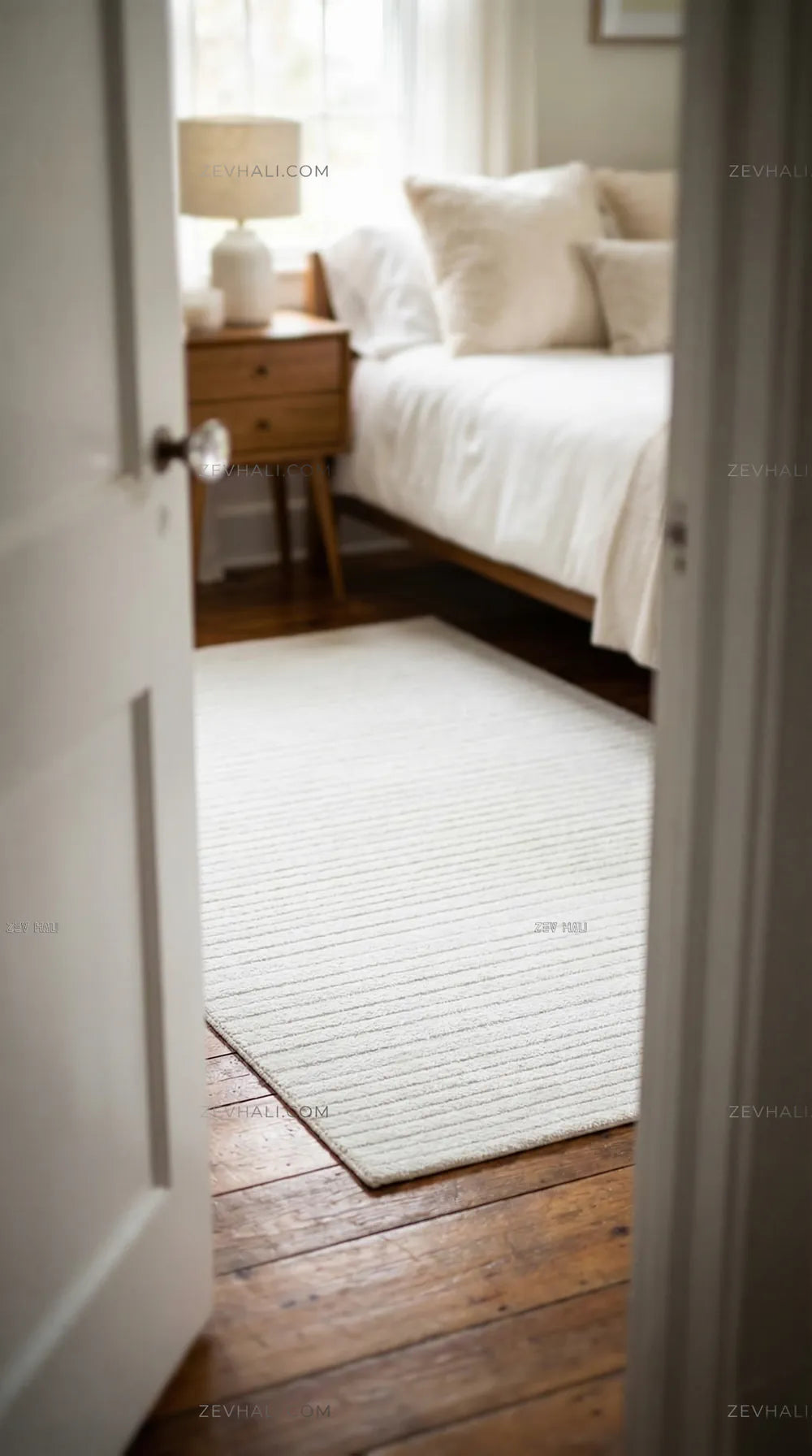 Zev Halı Beyaz Çizgili Modern Microfiber Halı | Yumuşak & Kaymaz Özel Ölçü Ba01 | Microfiber Halı | Zev Halı