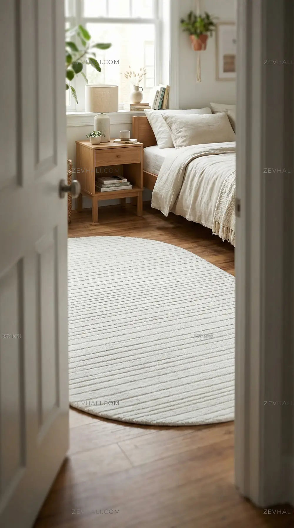 Zev Halı Babil Beyaz Tek Renk Çizgili Ekstra Yumuşak Modern Oval Halı Özel Ölçü Ba19 | Microfiber Halı | Zev Halı