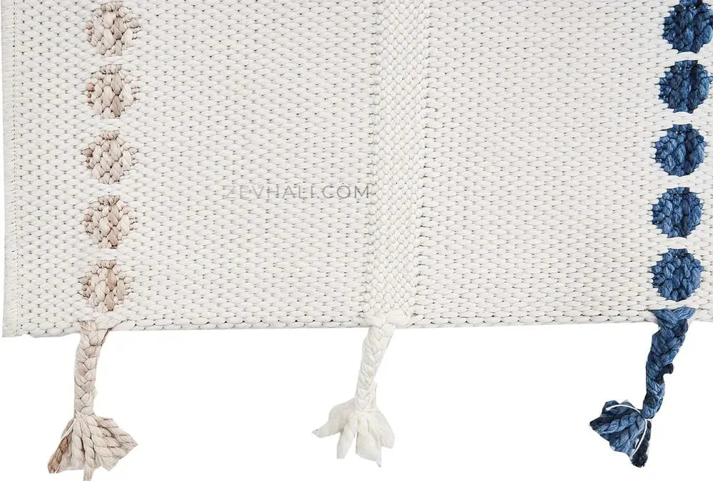 Zev Halı Vincents Colors Beyaz Renkli Noktalı Çizgili Püsküllü İnce Dokuma Kilim VC01 160x200