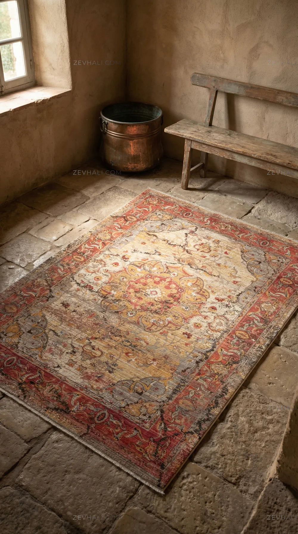 Zev Halı Aura Kırmızı Hardal Vintage Klasik Salon Halısı And007 | Etnik Halılar | Zev Halı