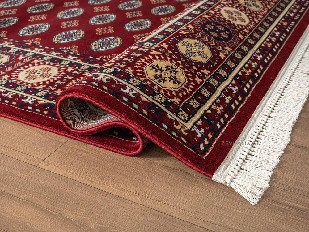 Zev Halı AST05 Etnik Bordo Afgan Desenli Toz Tutmaz Çerçeveli Salon Halısı | Klasik Halı | Zev Halı