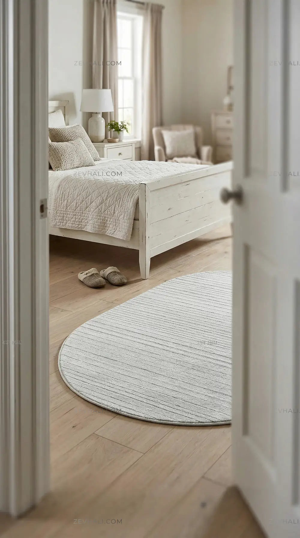 Zev Halı Babil Beyaz Tek Renk Çizgili Ekstra Yumuşak Modern Oval Halı Özel Ölçü Ba19 | Microfiber Halı | Zev Halı