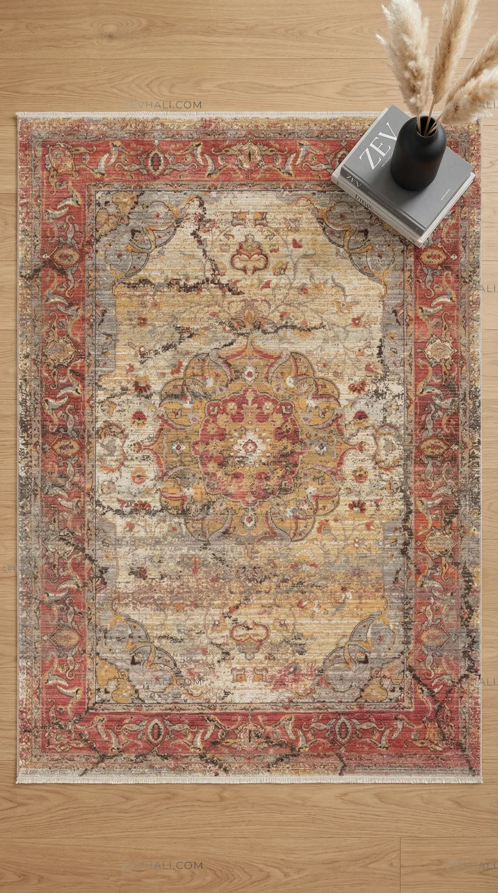Zev Halı Aura Kırmızı Hardal Vintage Klasik Salon Halısı And007 | Etnik Halılar | Zev Halı