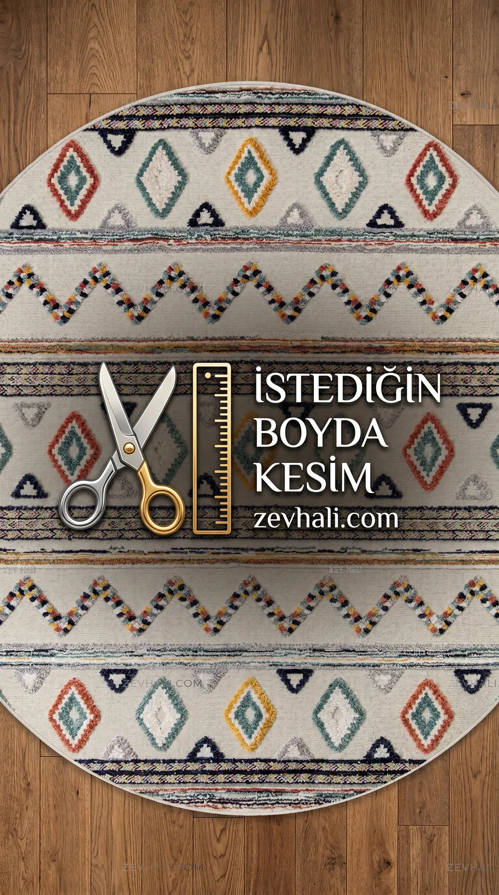 Zev Halı Colorium İskandinav Çok Renkli Etnik Yuvarlak Özel Ölçü Saçaklı Halı CL09 | Bukle Halı | Zev Halı