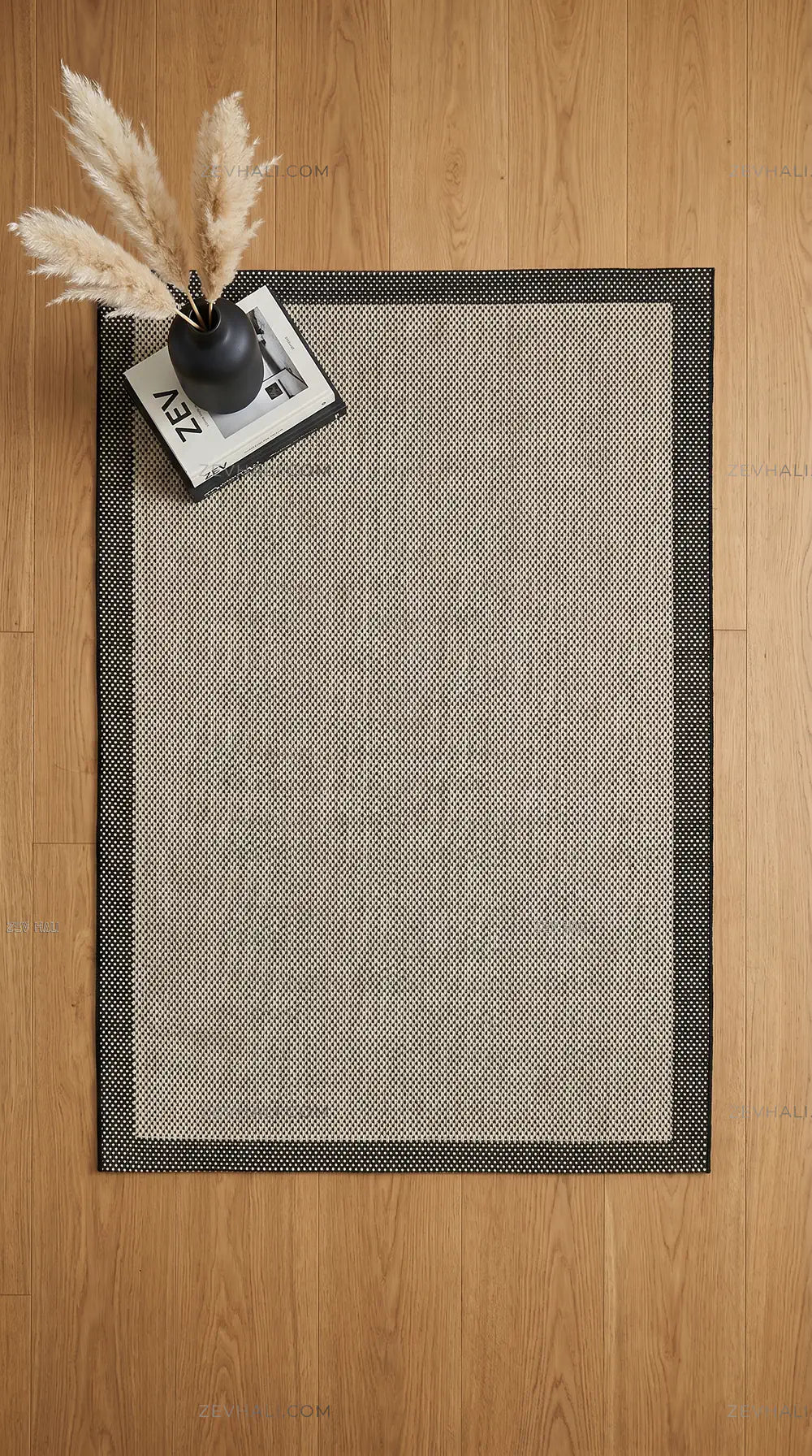 Zev Halı Sisal Plus Bej Siyah Çerçeveli Makinede Yıkanabilir Salon Mutfak Koridor Halısı ZS11 | Sisal Halı | Zev Halı