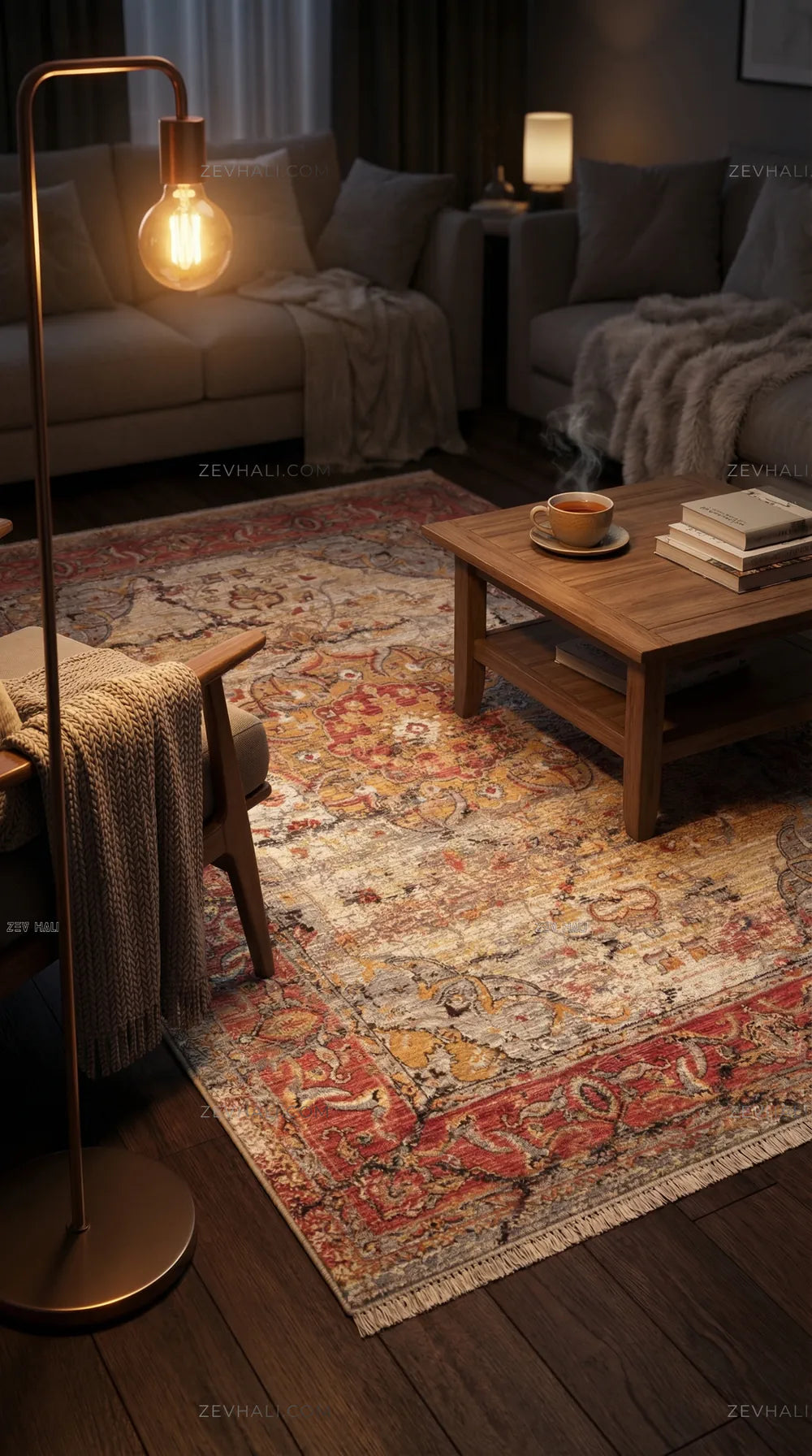 Zev Halı Aura Kırmızı Hardal Vintage Klasik Salon Halısı And007 | Etnik Halılar | Zev Halı