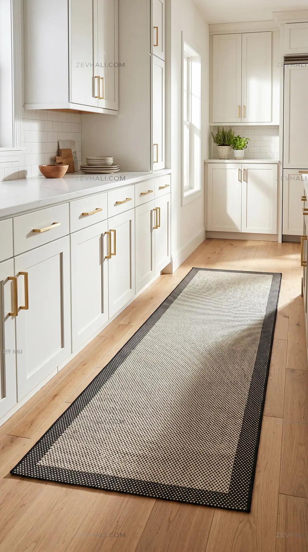 Zev Halı Sisal Plus Bej Siyah Çerçeveli Makinede Yıkanabilir Salon Mutfak Koridor Halısı ZS11 | Sisal Halı | Zev Halı