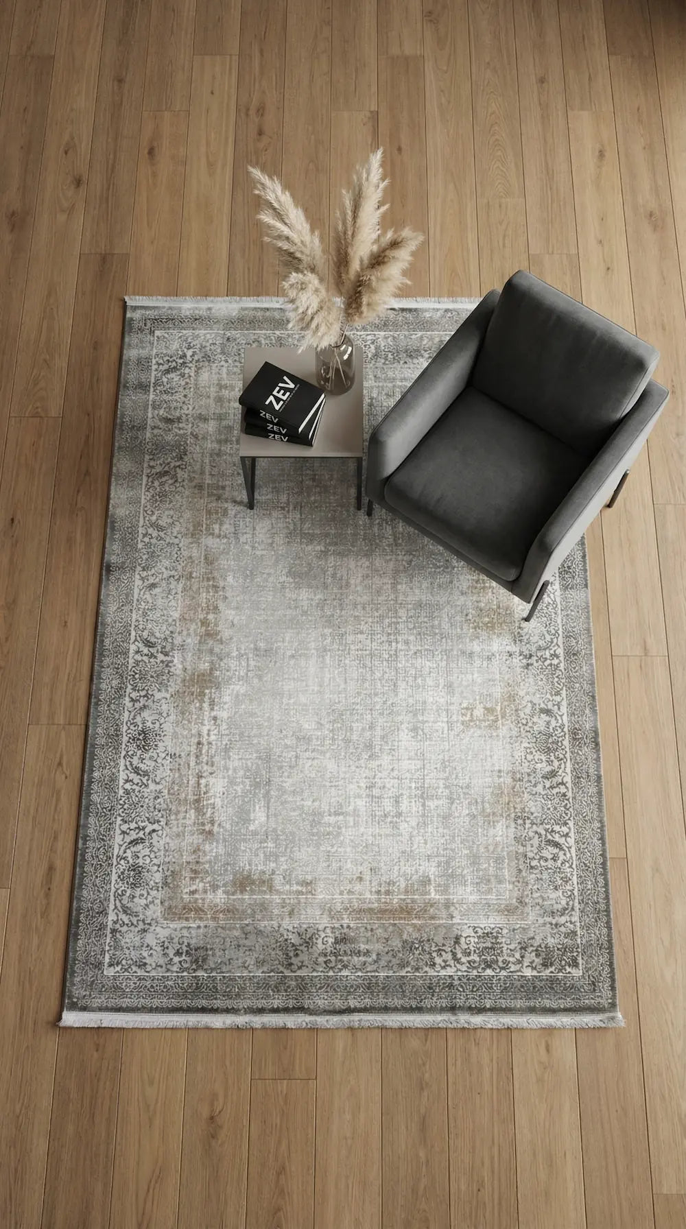 Zev Halı Prime PR020 Gri Vizon Eskitme Klasik Bordürlü Salon Halısı 160x230