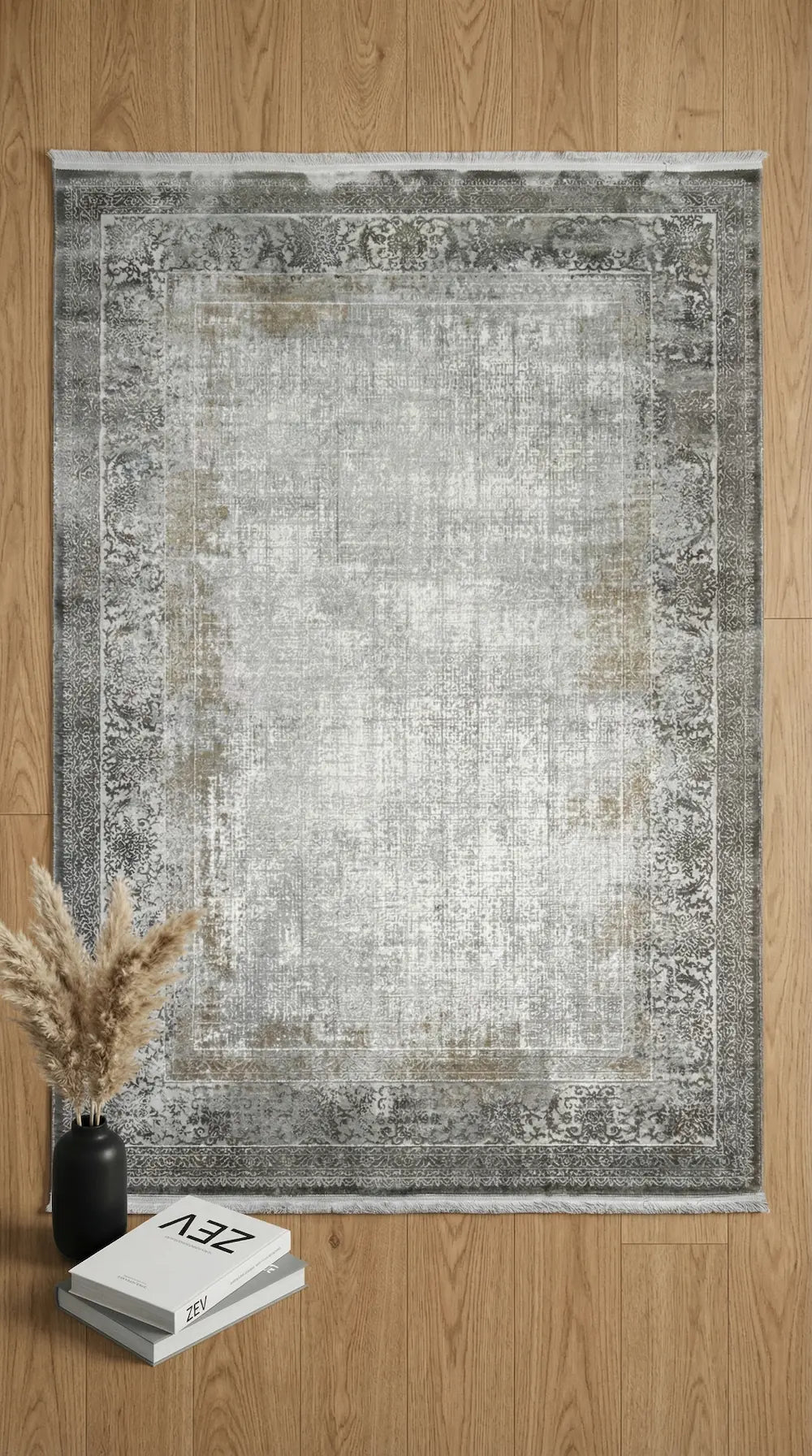 Zev Halı Prime PR020 Gri Vizon Eskitme Klasik Bordürlü Salon Halısı 160x230