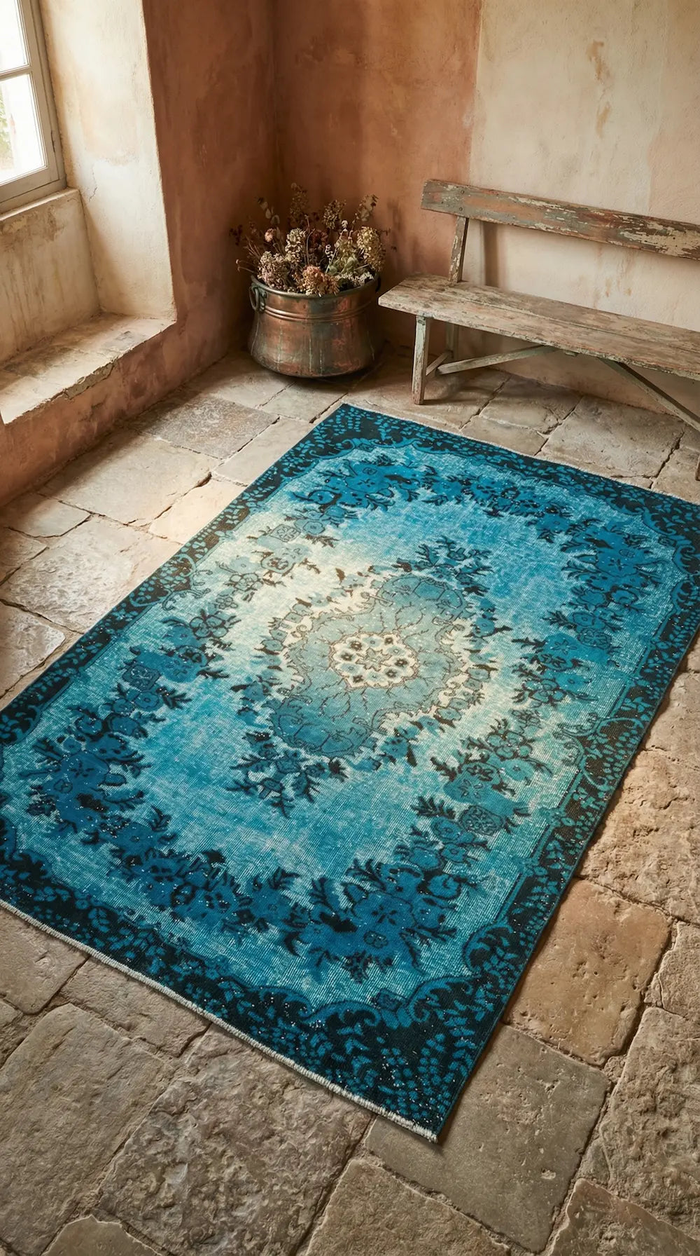 Zev Halı Carved Serisi Geleneksel Madalyonlu Turkuaz El Dokuması Halı 184x290